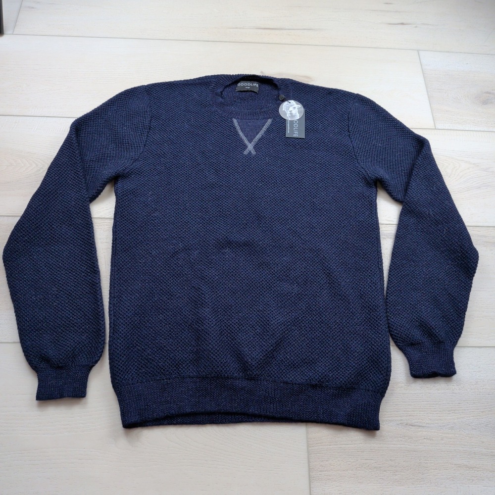 NEW Goodlife Mens Alpaca Blend Textured Knit Crewneck Sweater Navy Blue Large